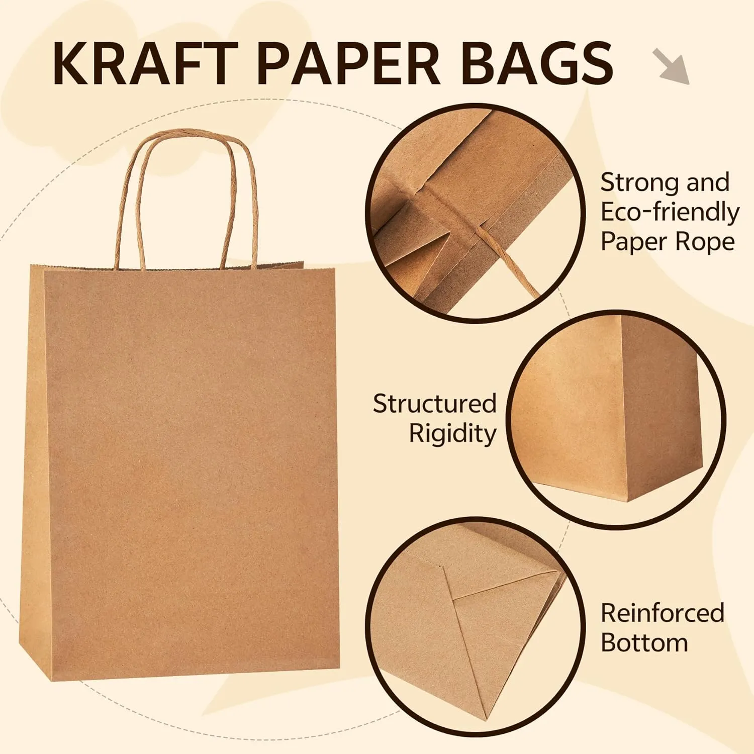 YEEHAW Brown Paper Bags with Handles Bulk 8"x4.5"x10.8" 100Pcs Gift Kraft Bags Medium Size, Brown Craft with Handles, Gifts Bag Bulk, Suitable for Retail, Party, Shopping, Merchandise