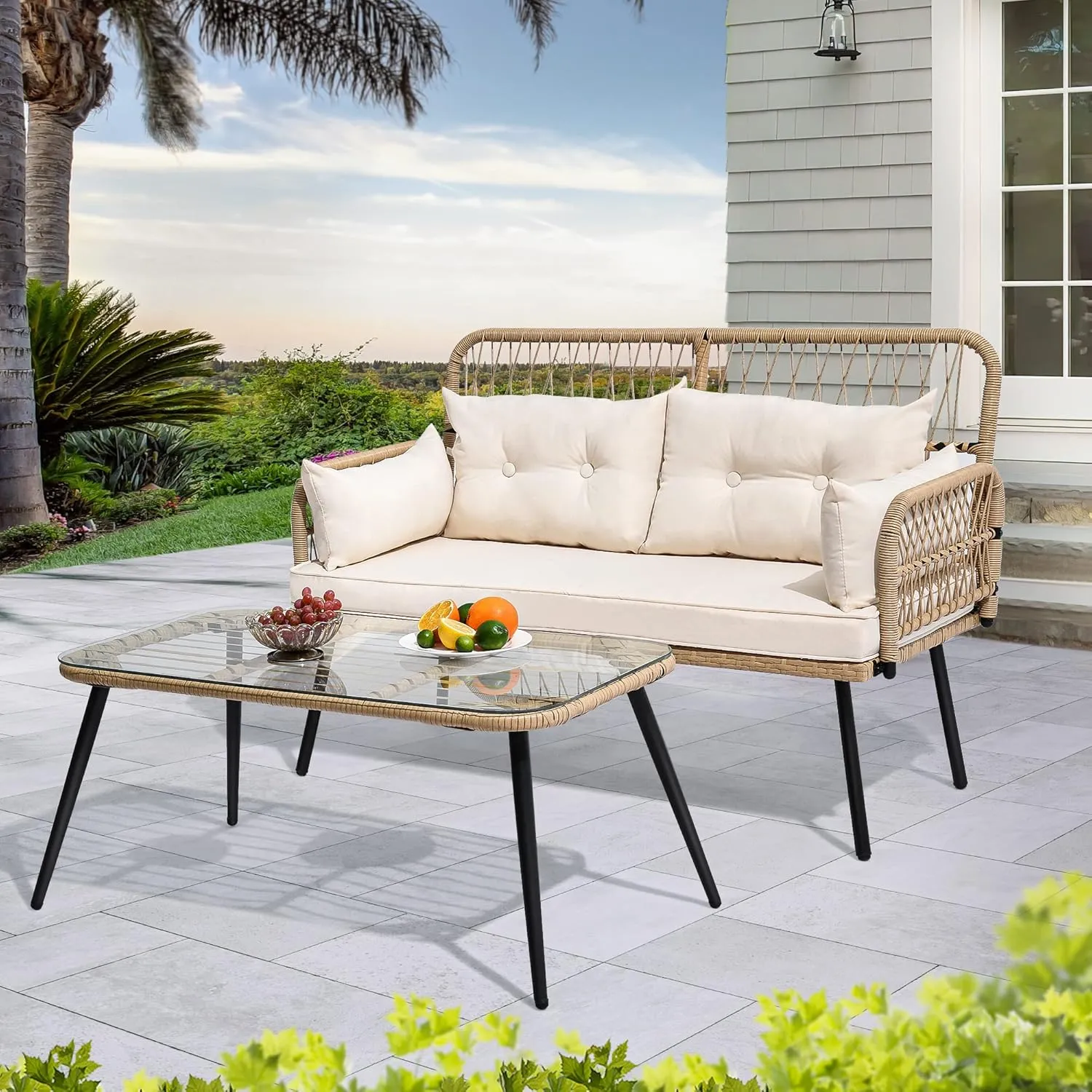 YITAHOME 2-Piece Patio Furniture Wicker Outdoor Loveseat, All-Weather Rattan Conversation for Backyard, Balcony and Deck with Soft Cushions and SideTable (Light Brown Beige)