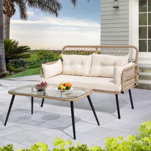 YITAHOME 2-Piece Patio Furniture Wicker Outdoor Loveseat, All-Weather Rattan Conversation for Backyard, Balcony and Deck with Soft Cushions and SideTable (Light Brown Beige)