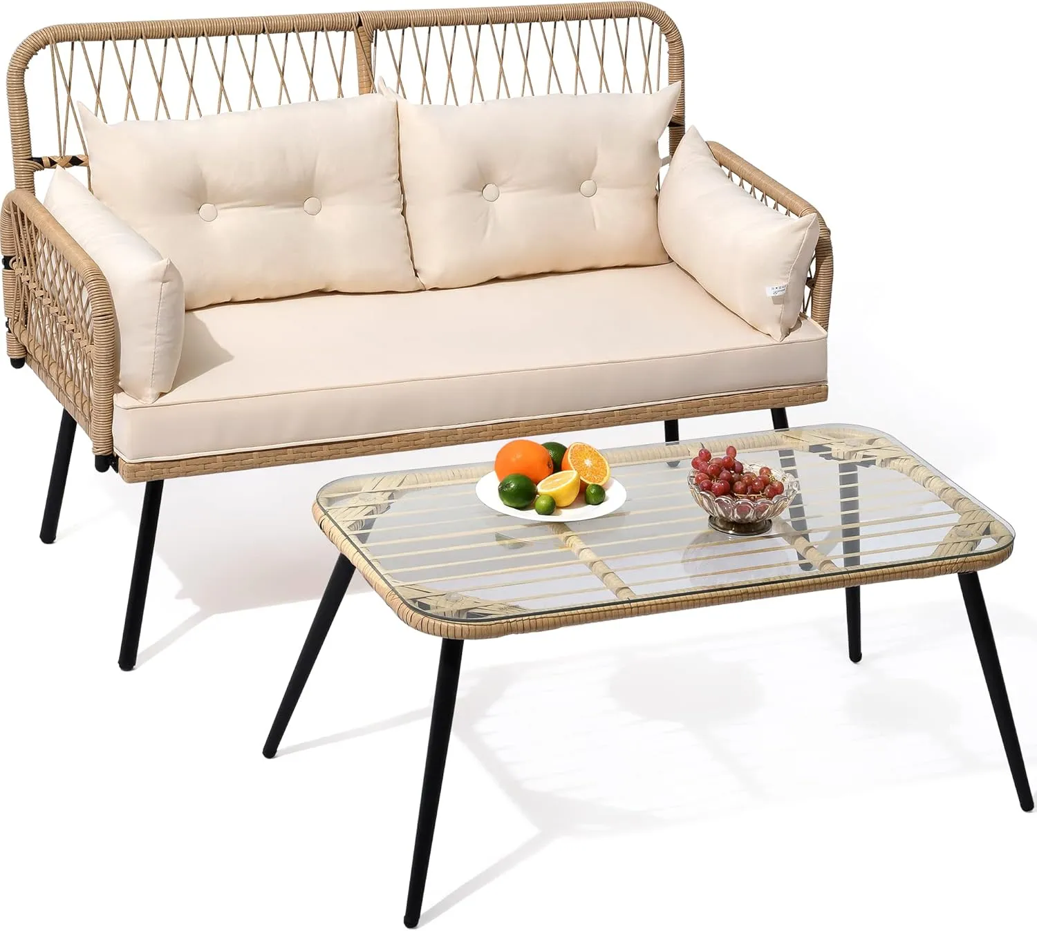 YITAHOME 2-Piece Patio Furniture Wicker Outdoor Loveseat, All-Weather Rattan Conversation for Backyard, Balcony and Deck with Soft Cushions and SideTable (Light Brown Beige)