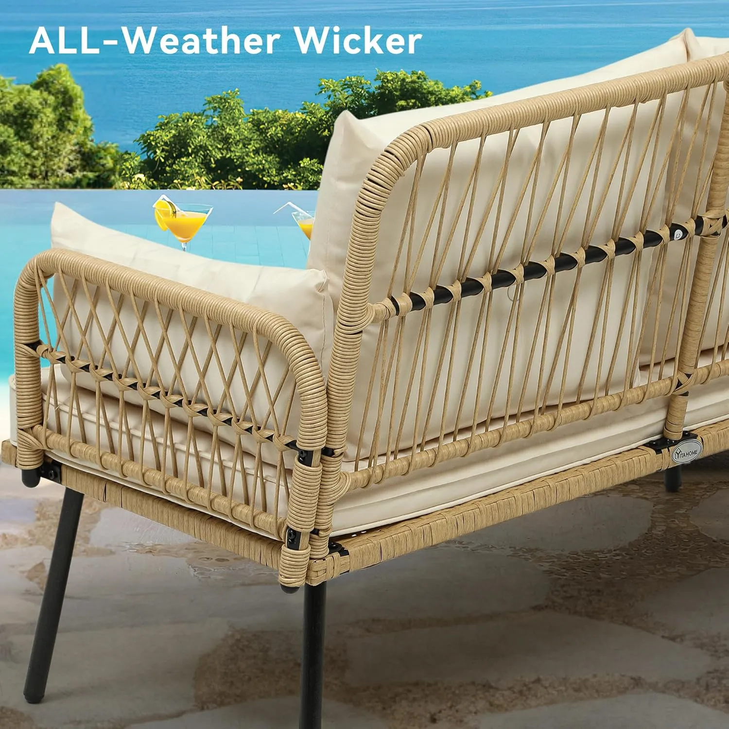 YITAHOME Patio Furniture Wicker Outdoor Loveseat, All-Weather Rattan Conversation for Backyard, Balcony and Deck with Soft Cushions (Light Brown Beige)