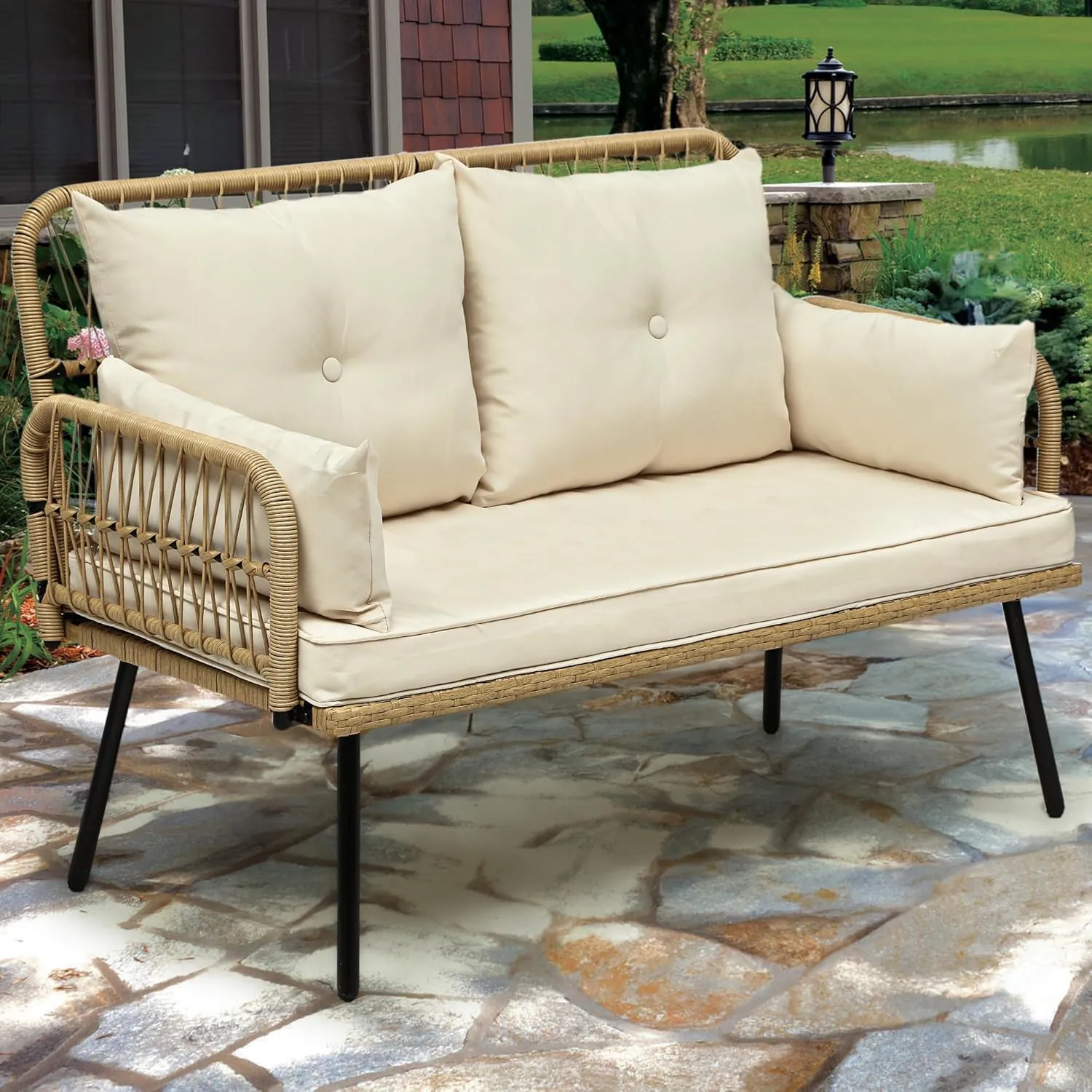 YITAHOME Patio Furniture Wicker Outdoor Loveseat, All-Weather Rattan Conversation for Backyard, Balcony and Deck with Soft Cushions (Light Brown Beige)