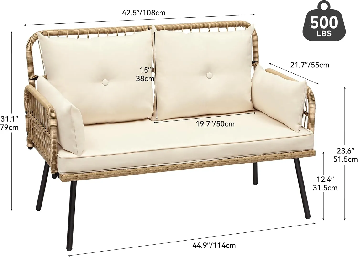 YITAHOME Patio Furniture Wicker Outdoor Loveseat, All-Weather Rattan Conversation for Backyard, Balcony and Deck with Soft Cushions (Light Brown Beige)