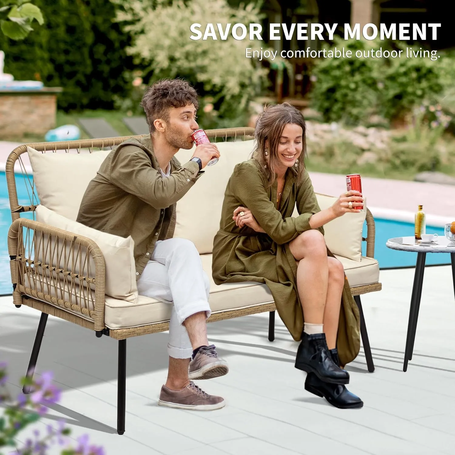 YITAHOME Patio Furniture Wicker Outdoor Loveseat, All-Weather Rattan Conversation for Backyard, Balcony and Deck with Soft Cushions (Light Brown Beige)