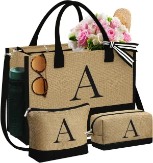 YOOLIFE Mothers Day Gifts - Initial Jute Tote Bag & 2 Makeup Bags Personalized Gifts for Women Teacher Mom Friend Birthday