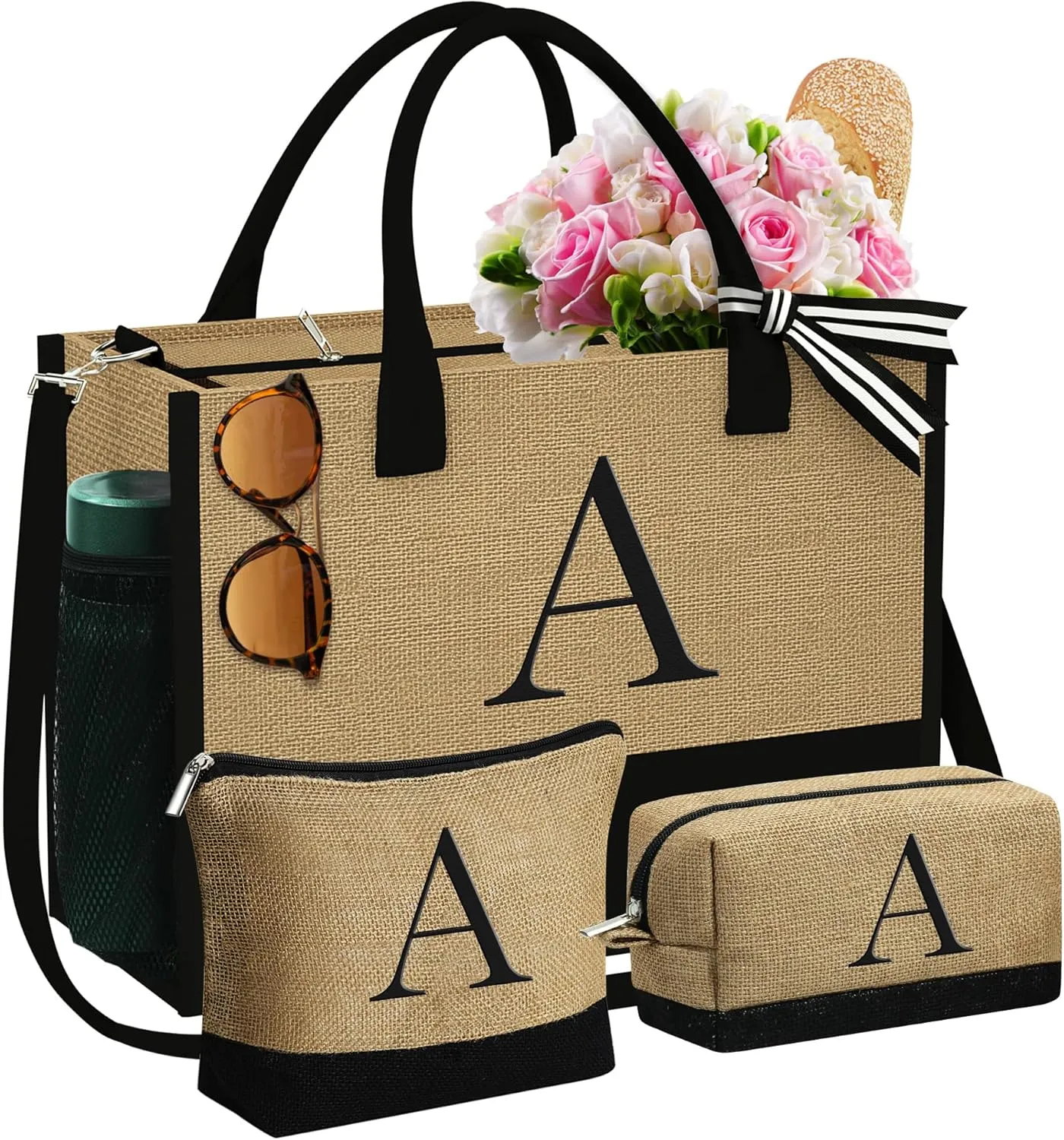 YOOLIFE Mothers Day Gifts - Initial Jute Tote Bag & 2 Makeup Bags Personalized Gifts for Women Teacher Mom Friend Birthday