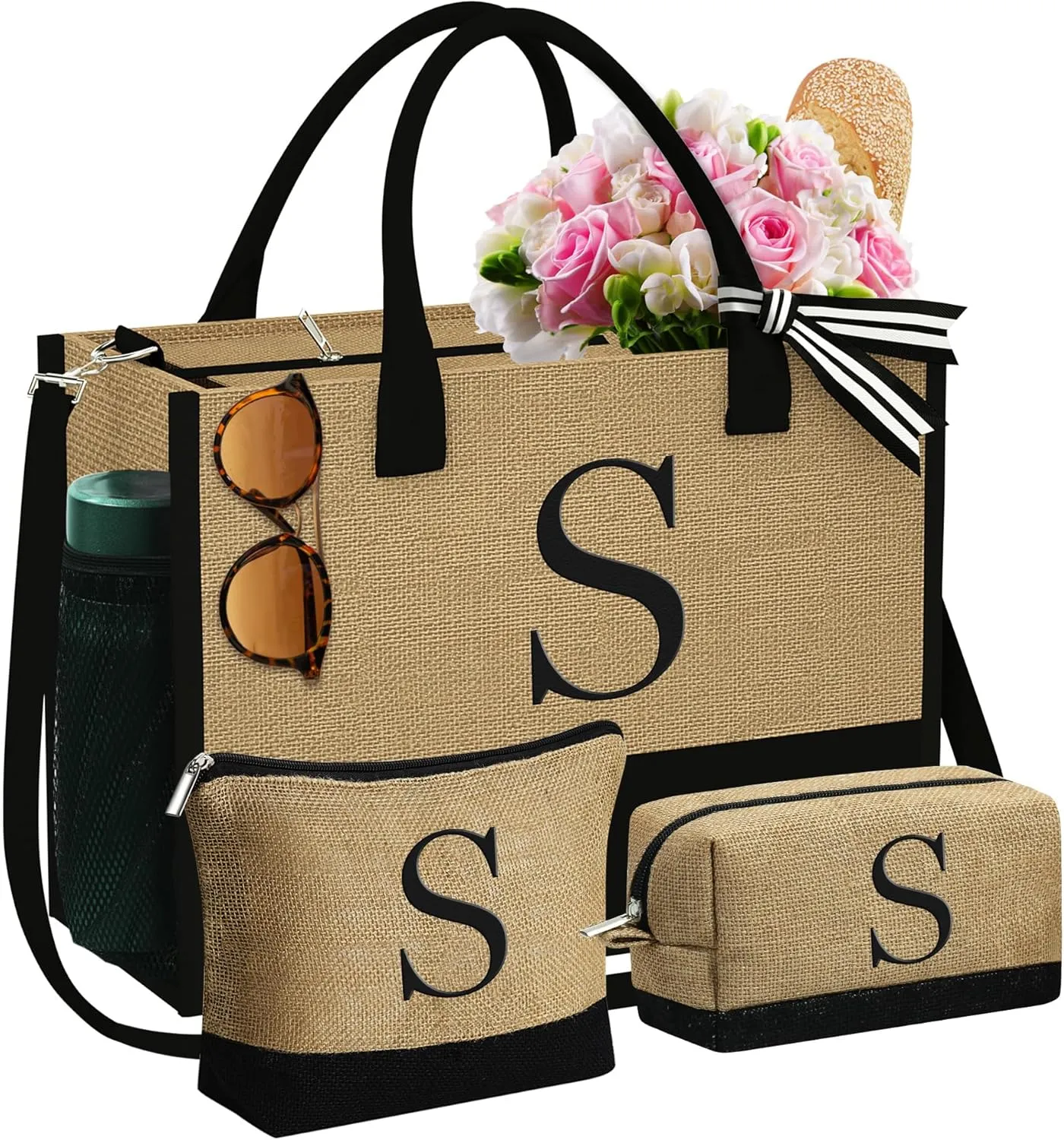 YOOLIFE Mothers Day Gifts - Initial Jute Tote Bag & 2 Makeup Bags Personalized Gifts for Women Teacher Mom Friend Birthday