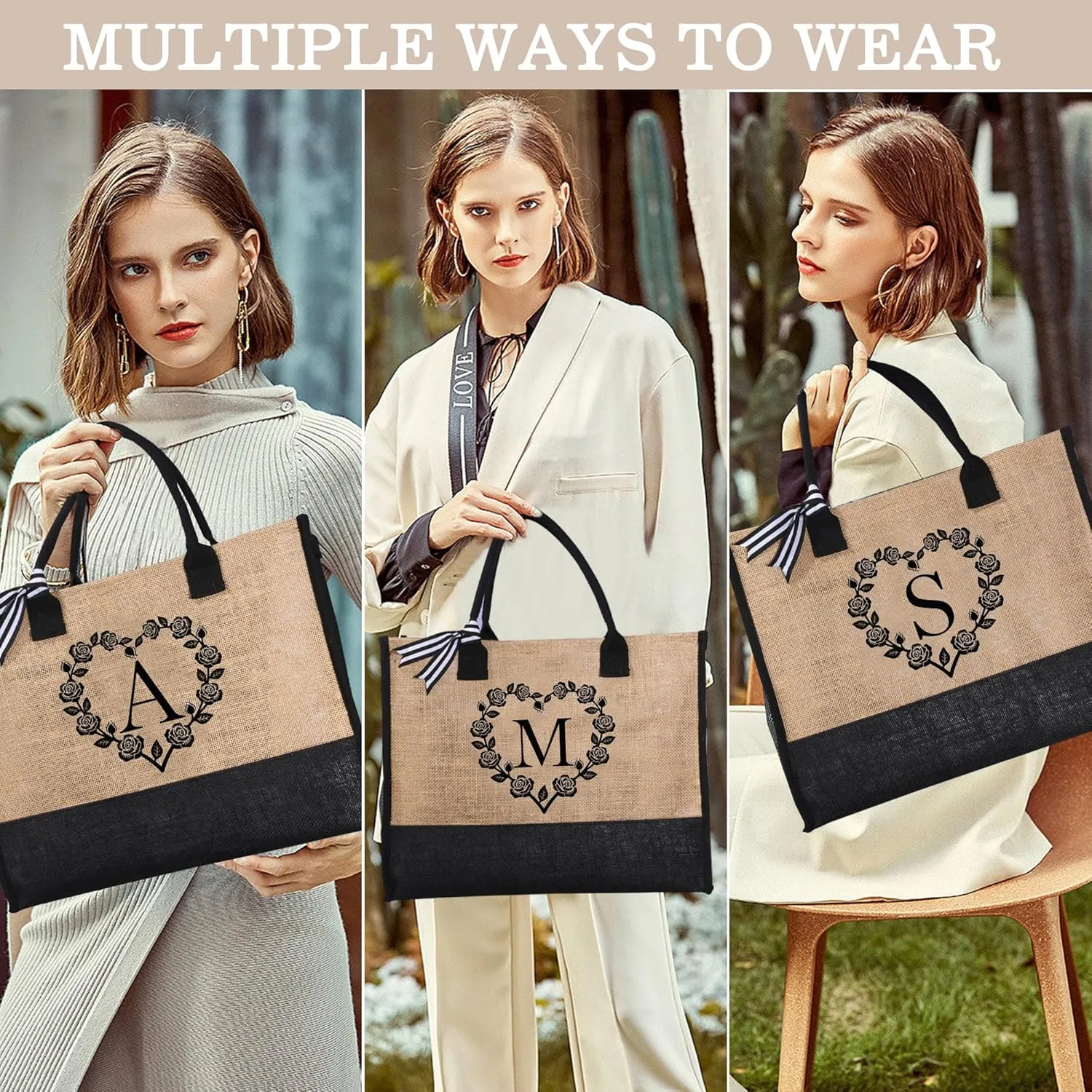 YOOLIFE Mothers Day Gifts - Initial Jute Tote Bag & Makeup Bag, Personalized Gifts for Women Mom Wife Teacher Friend Birthday