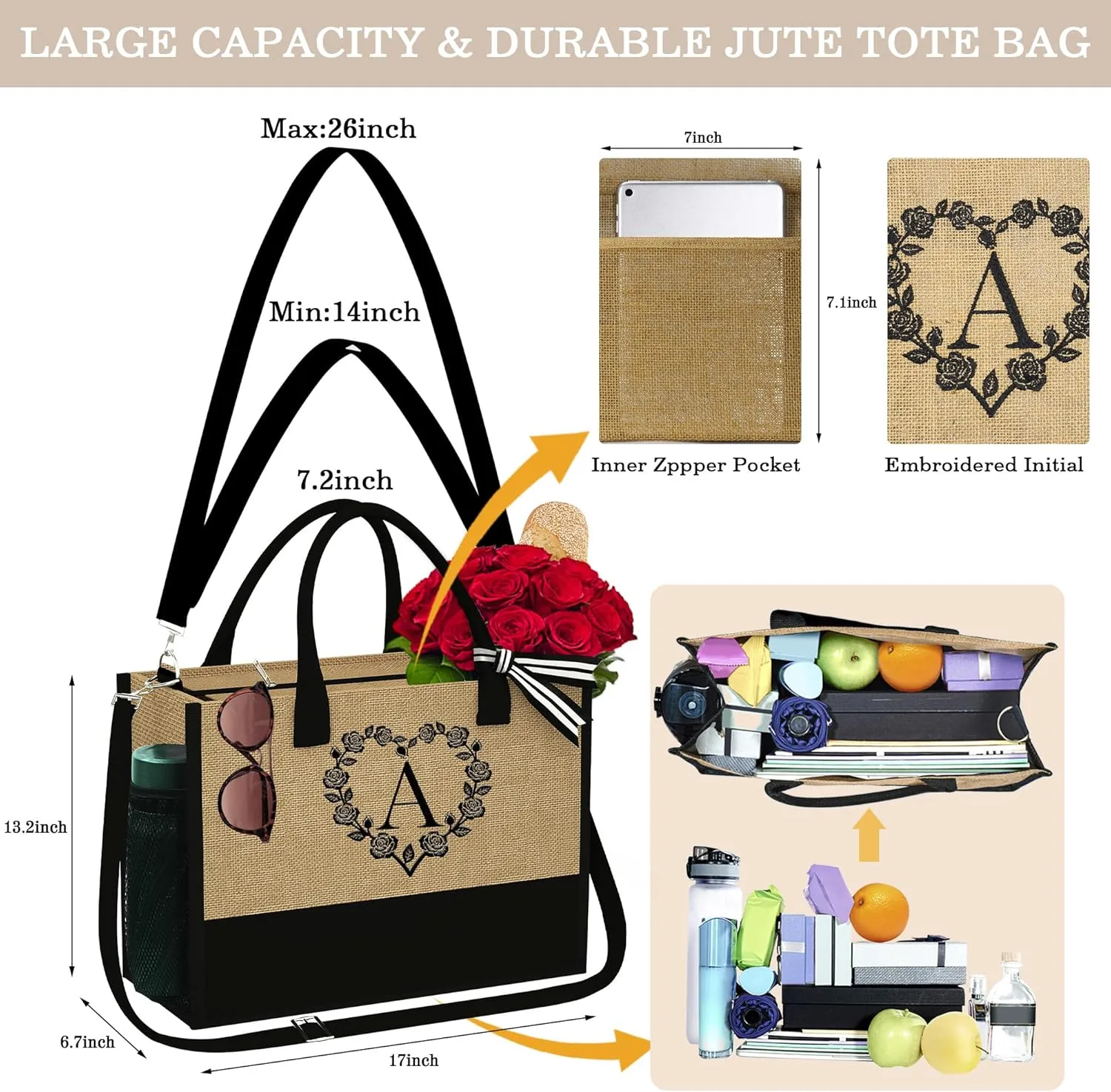 YOOLIFE Mothers Day Gifts - Initial Jute Tote Bag & Makeup Bag, Personalized Gifts for Women Mom Wife Teacher Friend Birthday