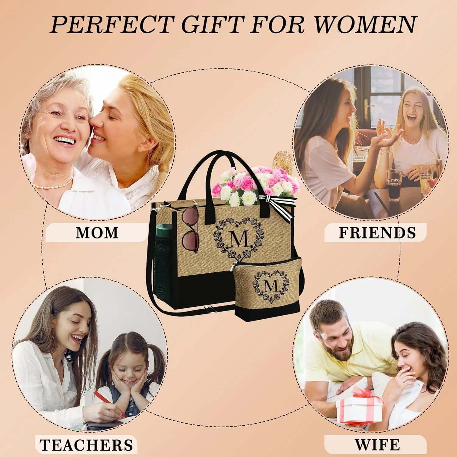 YOOLIFE Mothers Day Gifts - Initial Jute Tote Bag & Makeup Bag, Personalized Gifts for Women Mom Wife Teacher Friend Birthday