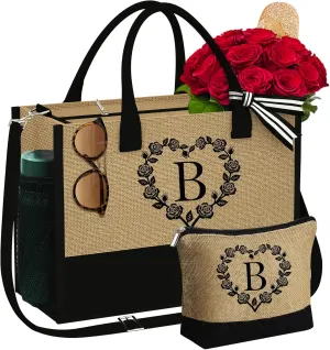 YOOLIFE Mothers Day Gifts - Initial Jute Tote Bag & Makeup Bag, Personalized Gifts for Women Mom Wife Teacher Friend Birthday