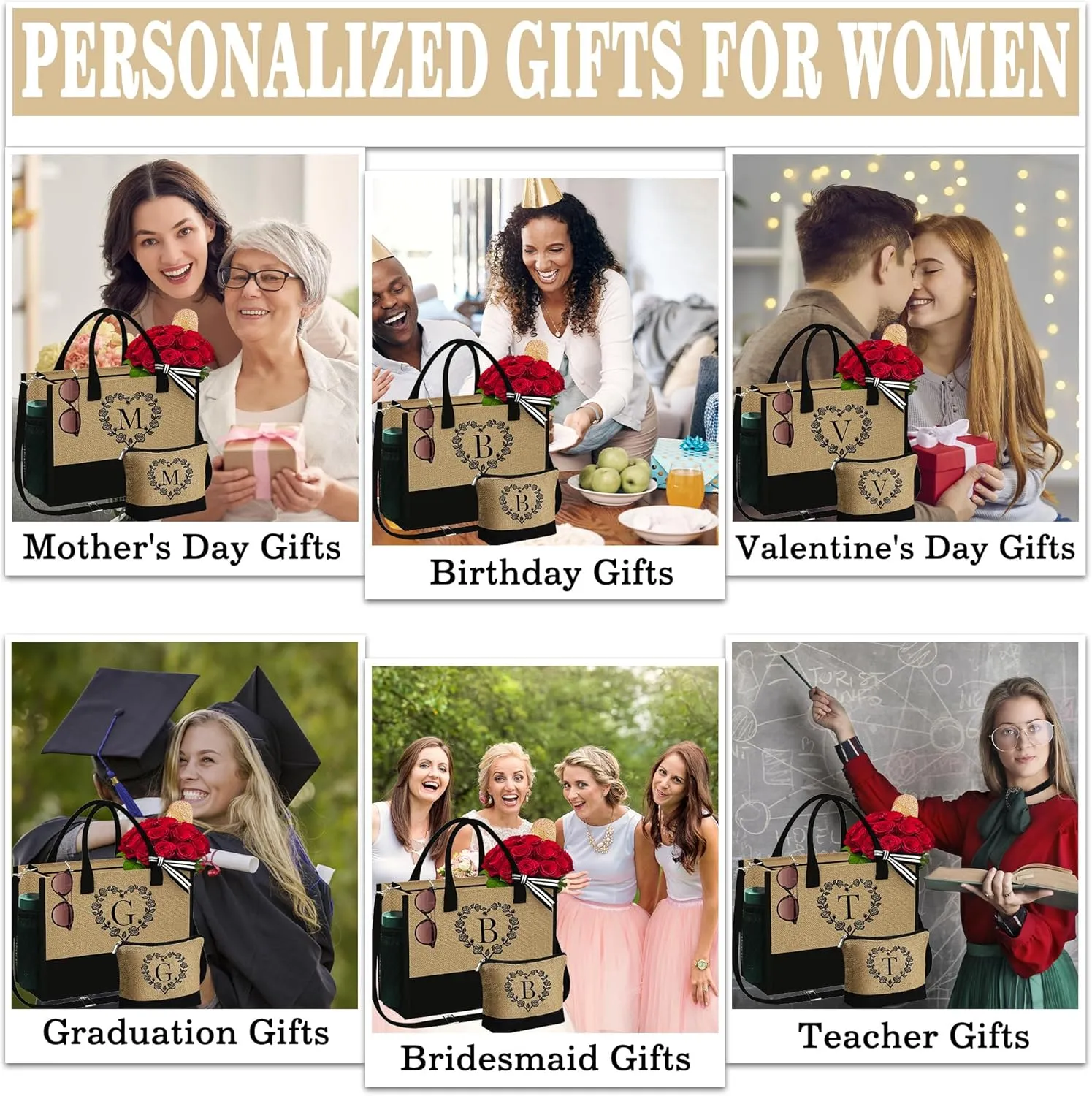 YOOLIFE Mothers Day Gifts - Initial Jute Tote Bag & Makeup Bag, Personalized Gifts for Women Mom Wife Teacher Friend Birthday