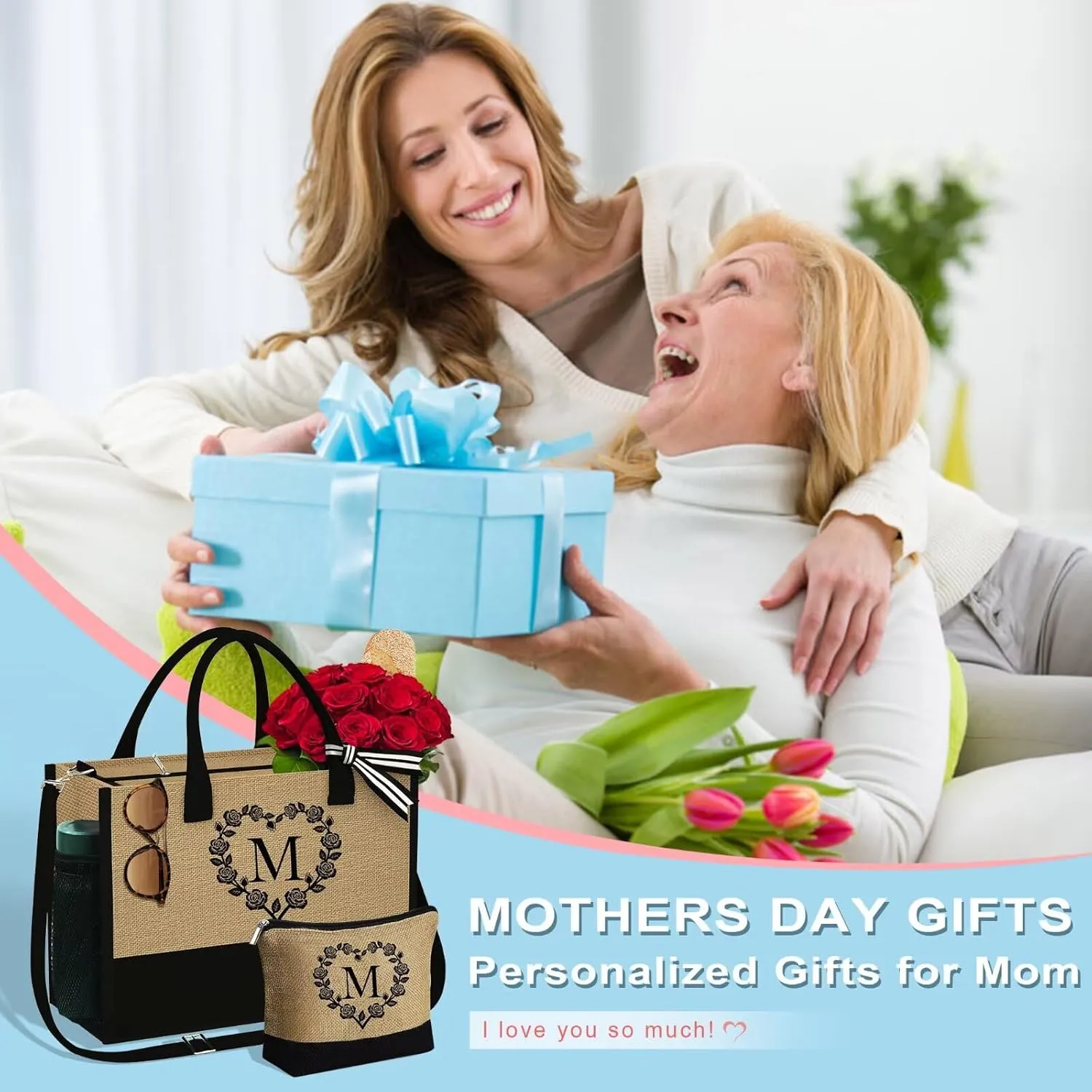 YOOLIFE Mothers Day Gifts - Initial Jute Tote Bag & Makeup Bag, Personalized Gifts for Women Mom Wife Teacher Friend Birthday