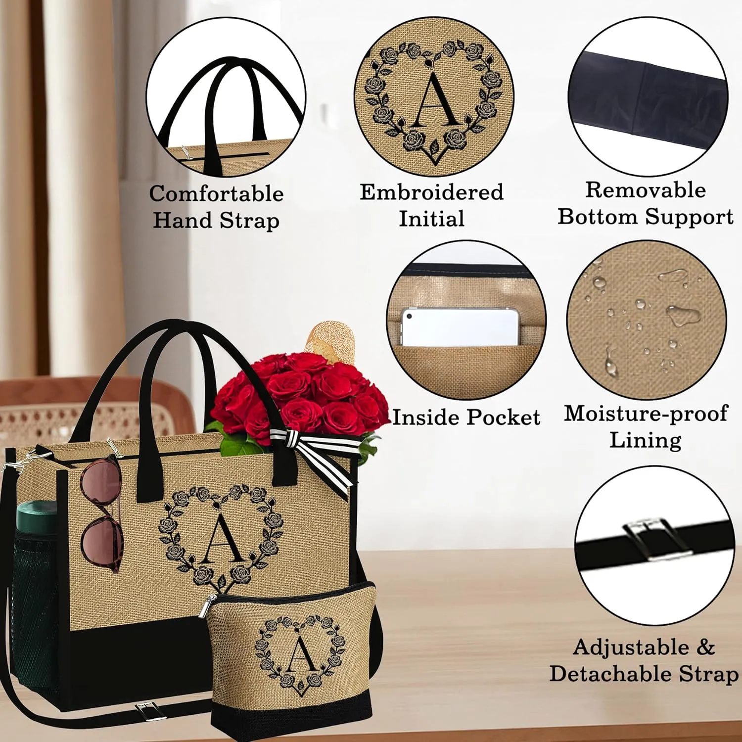 YOOLIFE Mothers Day Gifts - Initial Jute Tote Bag & Makeup Bag, Personalized Gifts for Women Mom Wife Teacher Friend Birthday