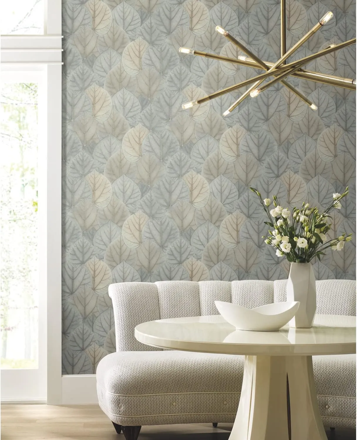 York Wallcoverings Candice Olson PSW1426RL Blue and Taupe Leaf Concerto Premium Peel and Stick Wallpaper