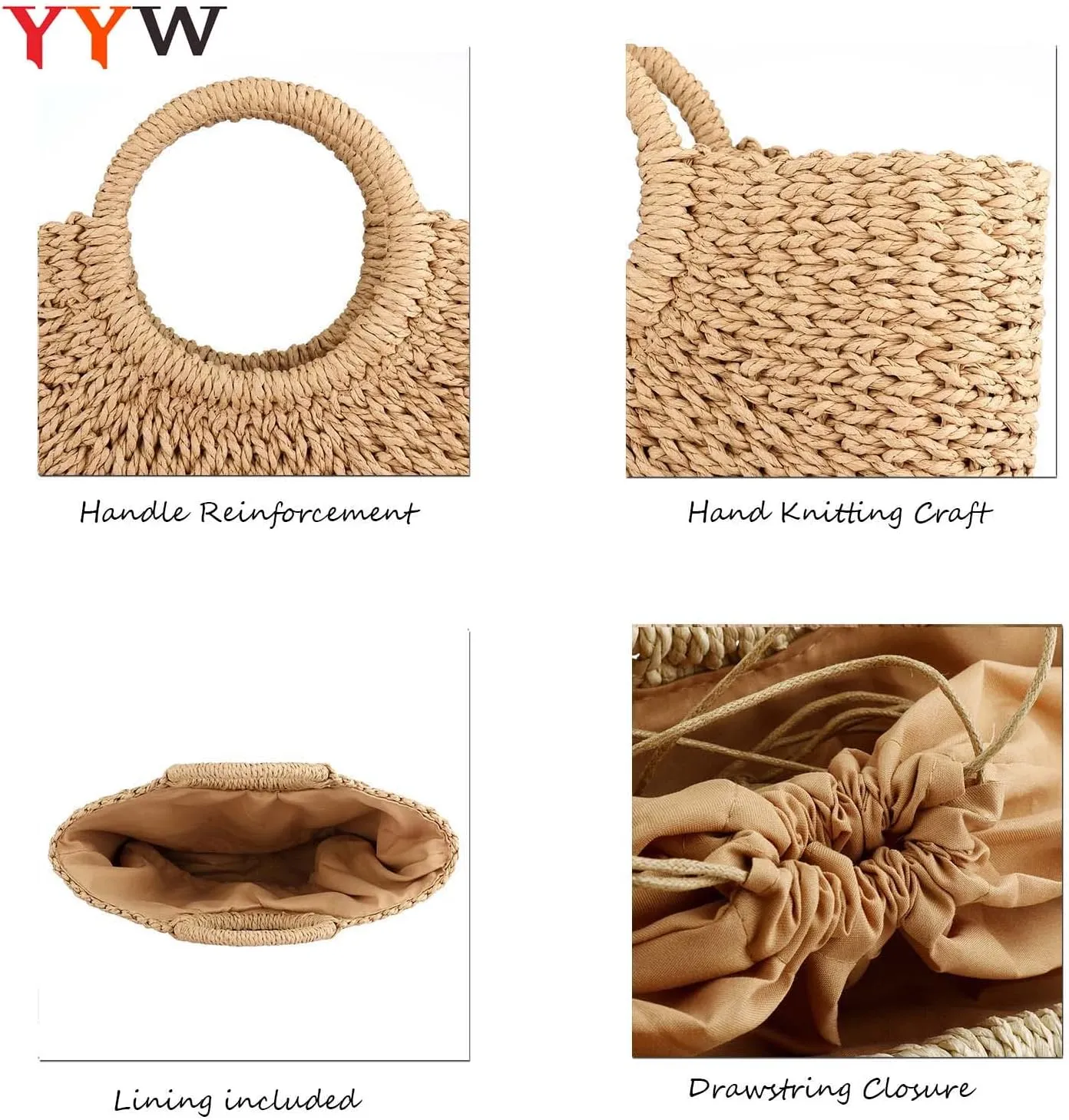 YYW Straw Bags for Women,Hand-woven Straw Large Bag Round Handle Ring Tote Retro Summer Beach Rattan bag