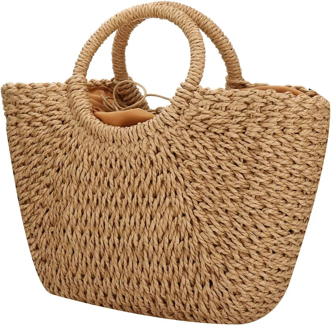 YYW Straw Bags for Women,Hand-woven Straw Large Bag Round Handle Ring Tote Retro Summer Beach Rattan bag