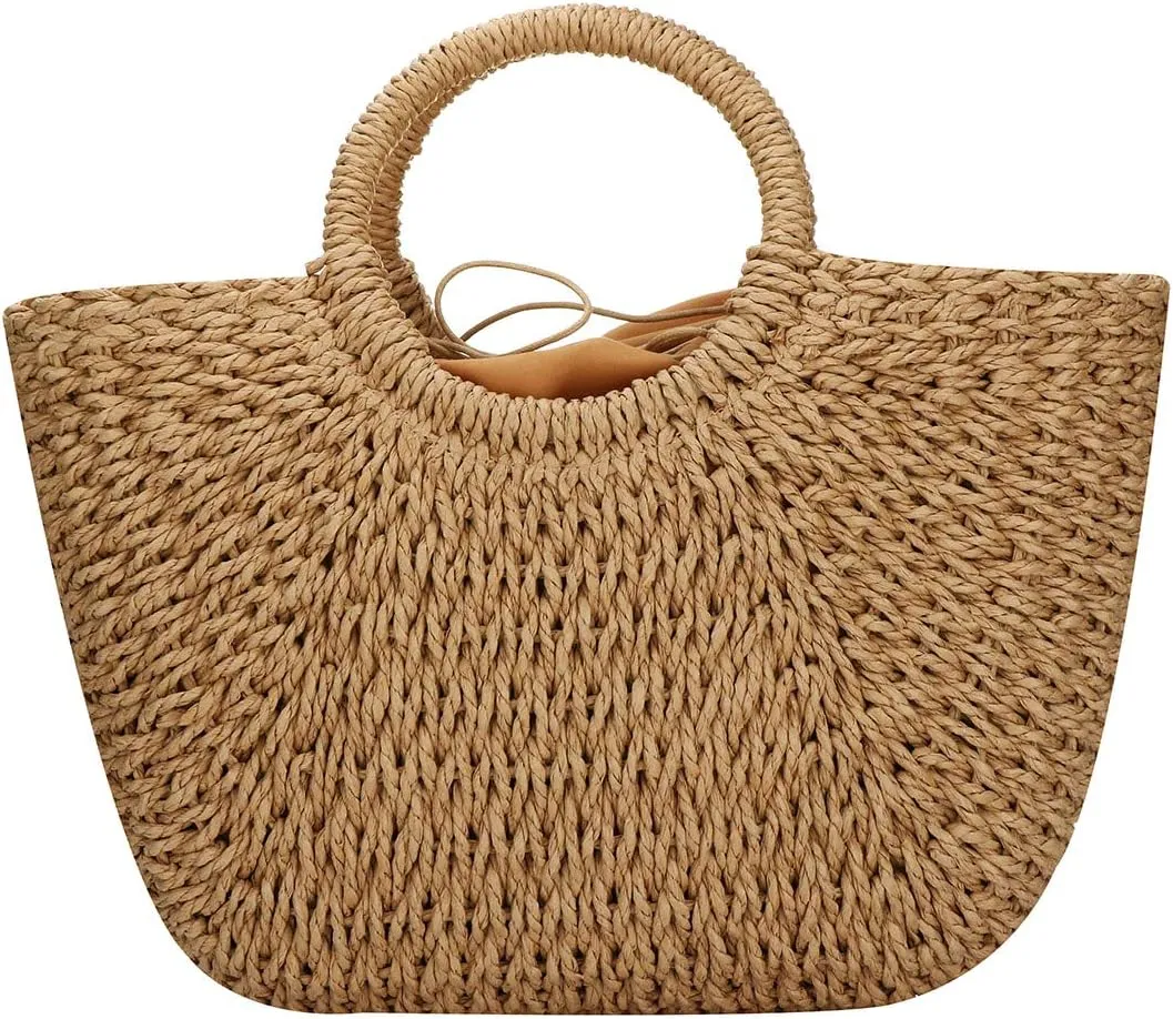 YYW Straw Bags for Women,Hand-woven Straw Large Bag Round Handle Ring Tote Retro Summer Beach Rattan bag