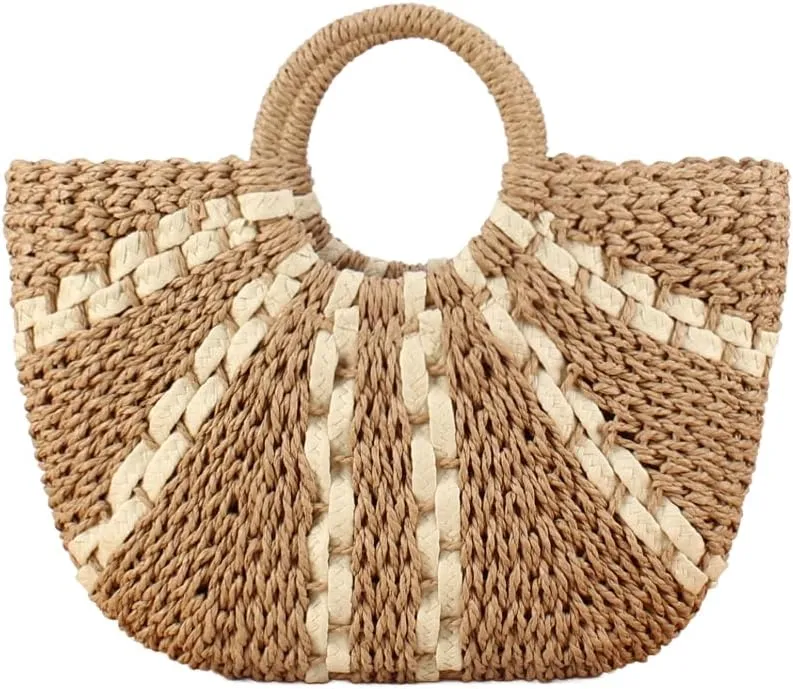 YYW Straw Bags for Women,Hand-woven Straw Large Bag Round Handle Ring Tote Retro Summer Beach Rattan bag
