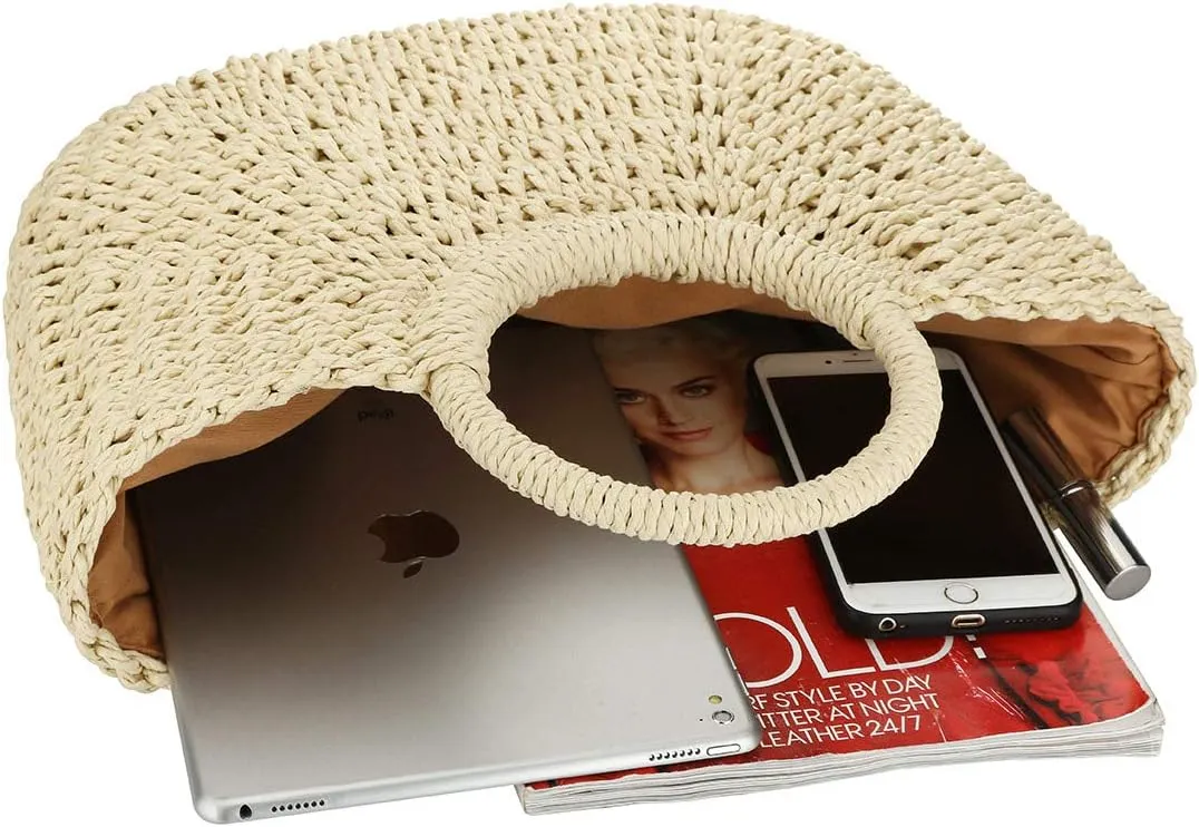 YYW Straw Bags for Women,Hand-woven Straw Large Bag Round Handle Ring Tote Retro Summer Beach Rattan bag