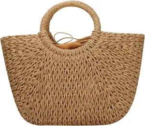 YYW Straw Bags for Women,Hand-woven Straw Large Bag Round Handle Ring Tote Retro Summer Beach Rattan bag
