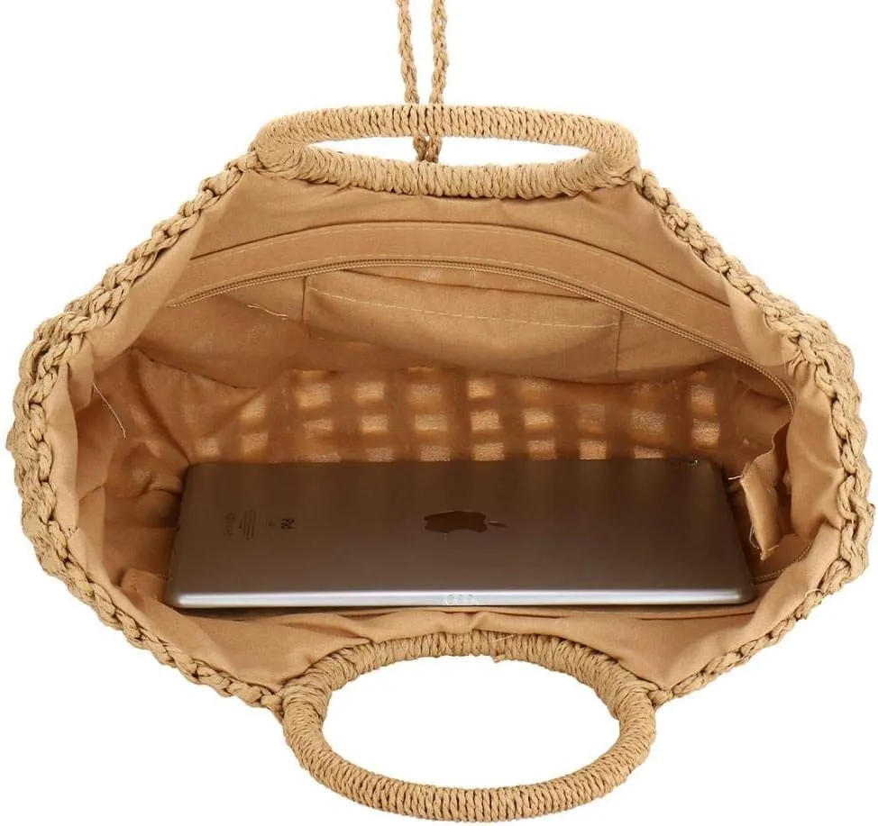 YYW Straw Bags for Women,Hand-woven Straw Top-handle Bag with Round Ring Handle Summer Beach Rattan Tote Handbag