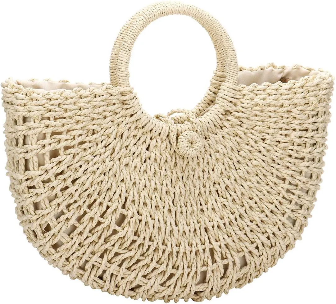 YYW Straw Bags for Women,Hand-woven Straw Top-handle Bag with Round Ring Handle Summer Beach Rattan Tote Handbag