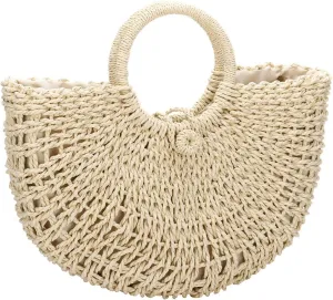 YYW Straw Bags for Women,Hand-woven Straw Top-handle Bag with Round Ring Handle Summer Beach Rattan Tote Handbag