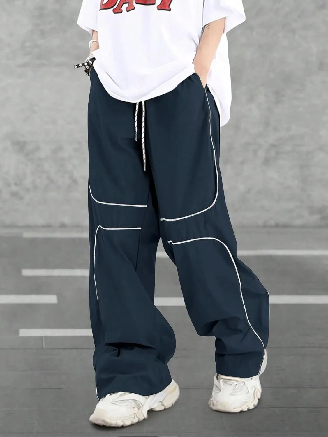 ZAFUL Mens Baggy Pants Y2K Contrast Piping Drawstring Sweatpants Fashion Unisex Oversized Cargo Pants for Men with Pockets