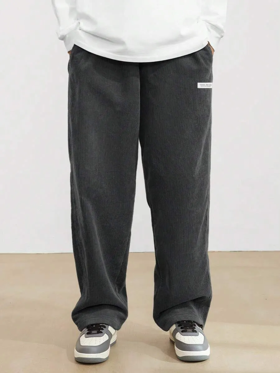 ZAFUL Mens Corduroy Straight Leg Pants Long Solid Elastic Waist Casual Pants Loose Fit Going Out Pants with Pockets