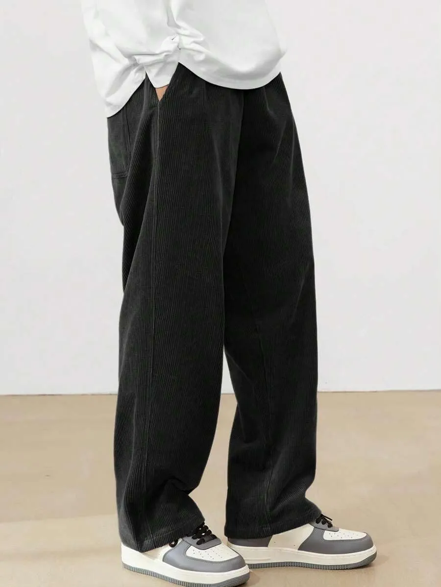 ZAFUL Mens Corduroy Straight Leg Pants Long Solid Elastic Waist Casual Pants Loose Fit Going Out Pants with Pockets