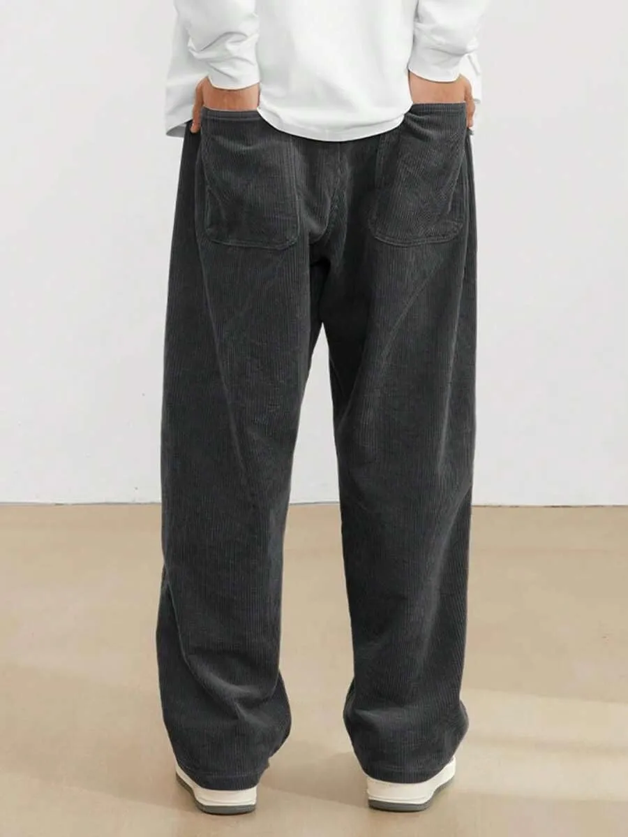 ZAFUL Mens Corduroy Straight Leg Pants Long Solid Elastic Waist Casual Pants Loose Fit Going Out Pants with Pockets