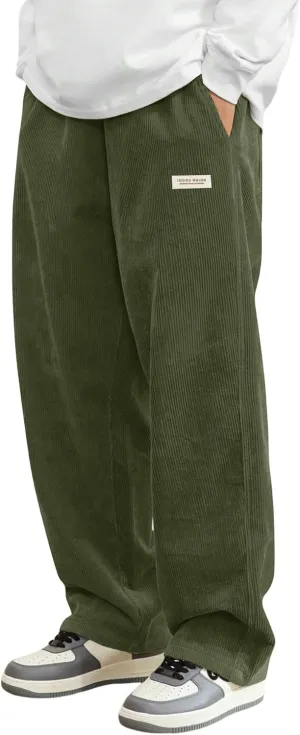 ZAFUL Mens Corduroy Straight Leg Pants Long Solid Elastic Waist Casual Pants Loose Fit Going Out Pants with Pockets