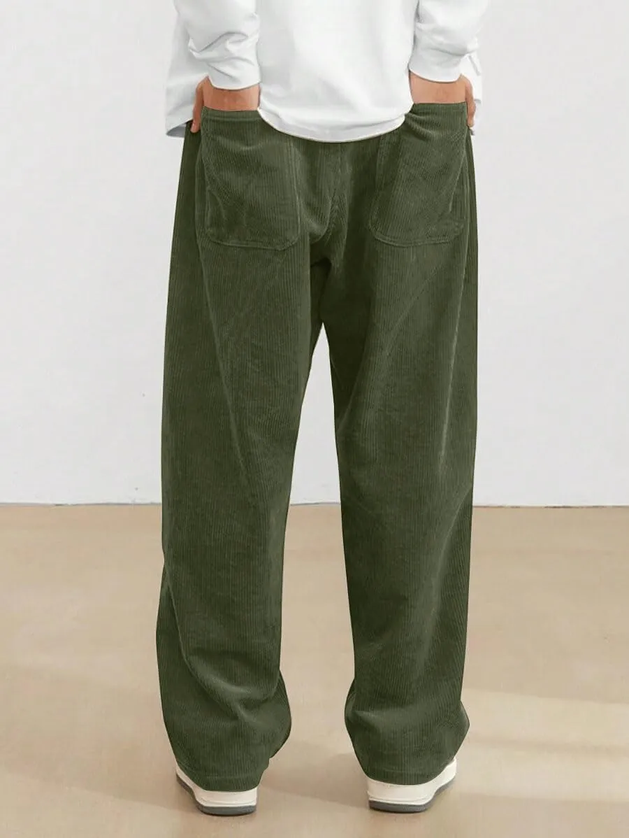 ZAFUL Mens Corduroy Straight Leg Pants Long Solid Elastic Waist Casual Pants Loose Fit Going Out Pants with Pockets