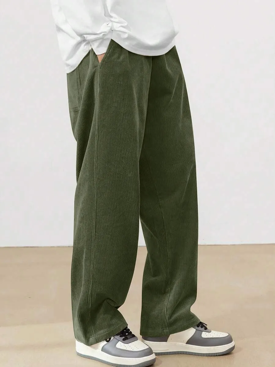 ZAFUL Mens Corduroy Straight Leg Pants Long Solid Elastic Waist Casual Pants Loose Fit Going Out Pants with Pockets