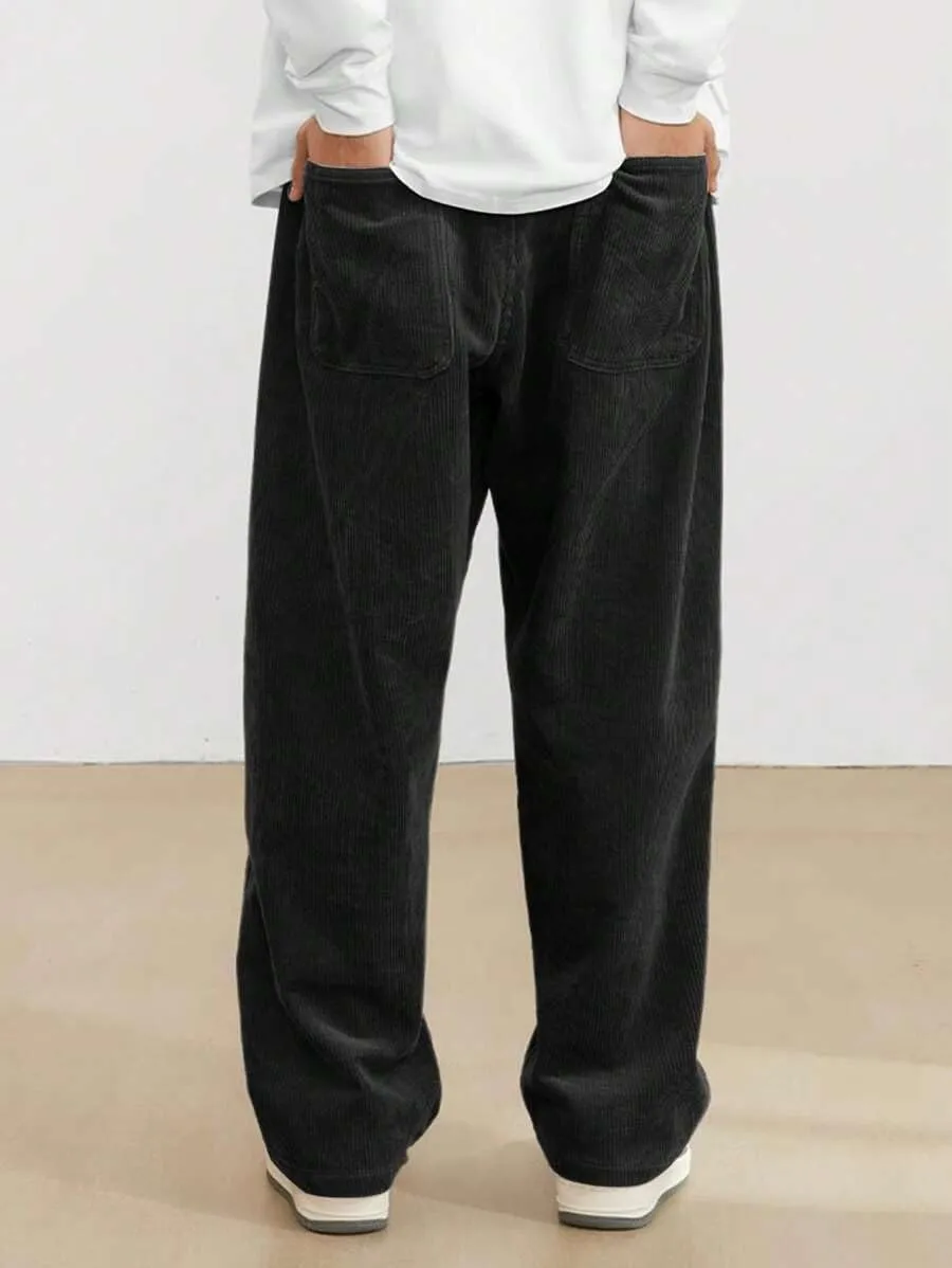 ZAFUL Mens Corduroy Straight Leg Pants Long Solid Elastic Waist Casual Pants Loose Fit Going Out Pants with Pockets