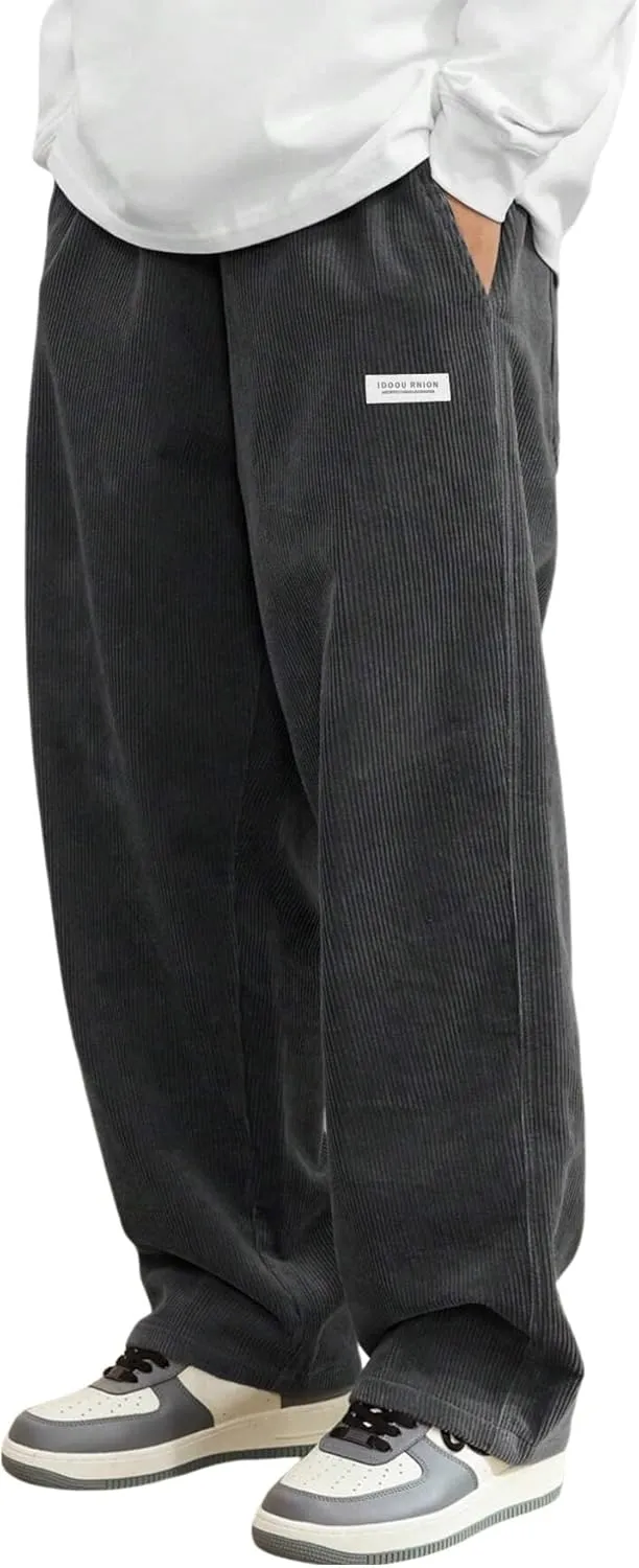 ZAFUL Mens Corduroy Straight Leg Pants Long Solid Elastic Waist Casual Pants Loose Fit Going Out Pants with Pockets