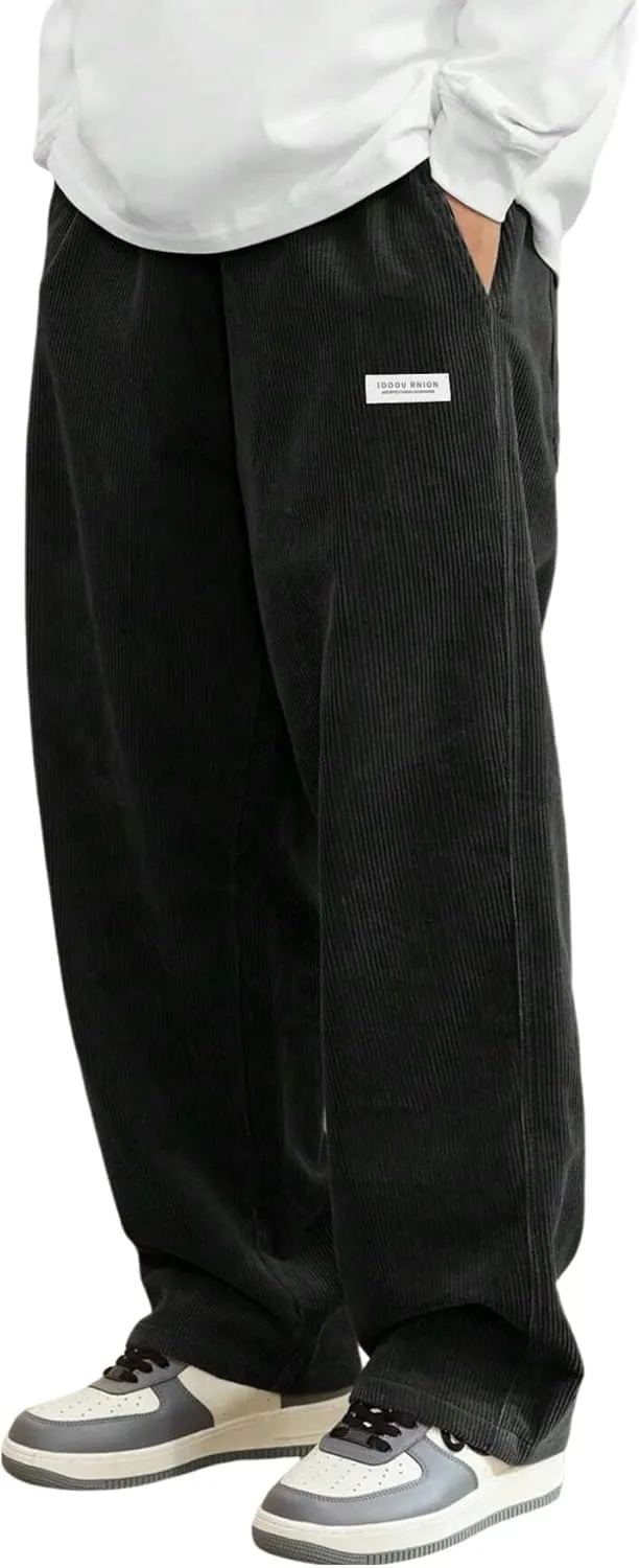 ZAFUL Mens Corduroy Straight Leg Pants Long Solid Elastic Waist Casual Pants Loose Fit Going Out Pants with Pockets