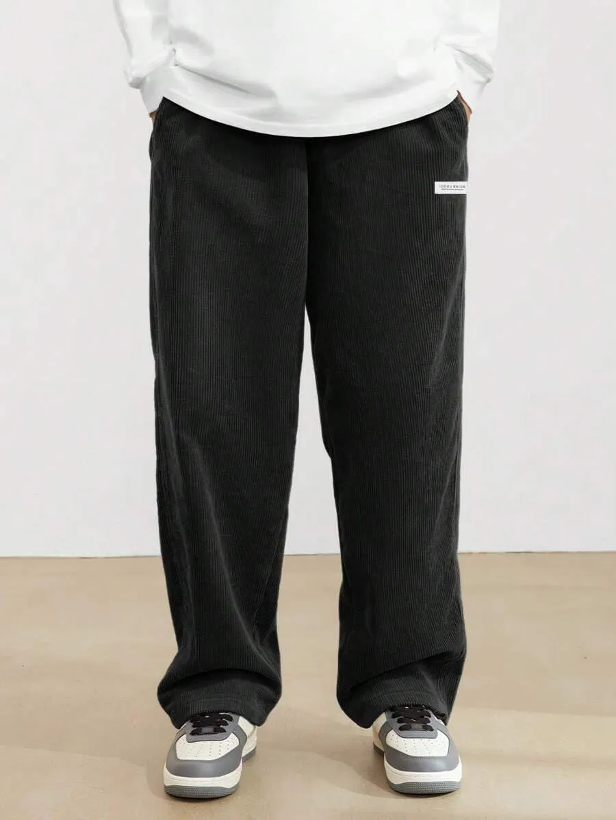 ZAFUL Mens Corduroy Straight Leg Pants Long Solid Elastic Waist Casual Pants Loose Fit Going Out Pants with Pockets