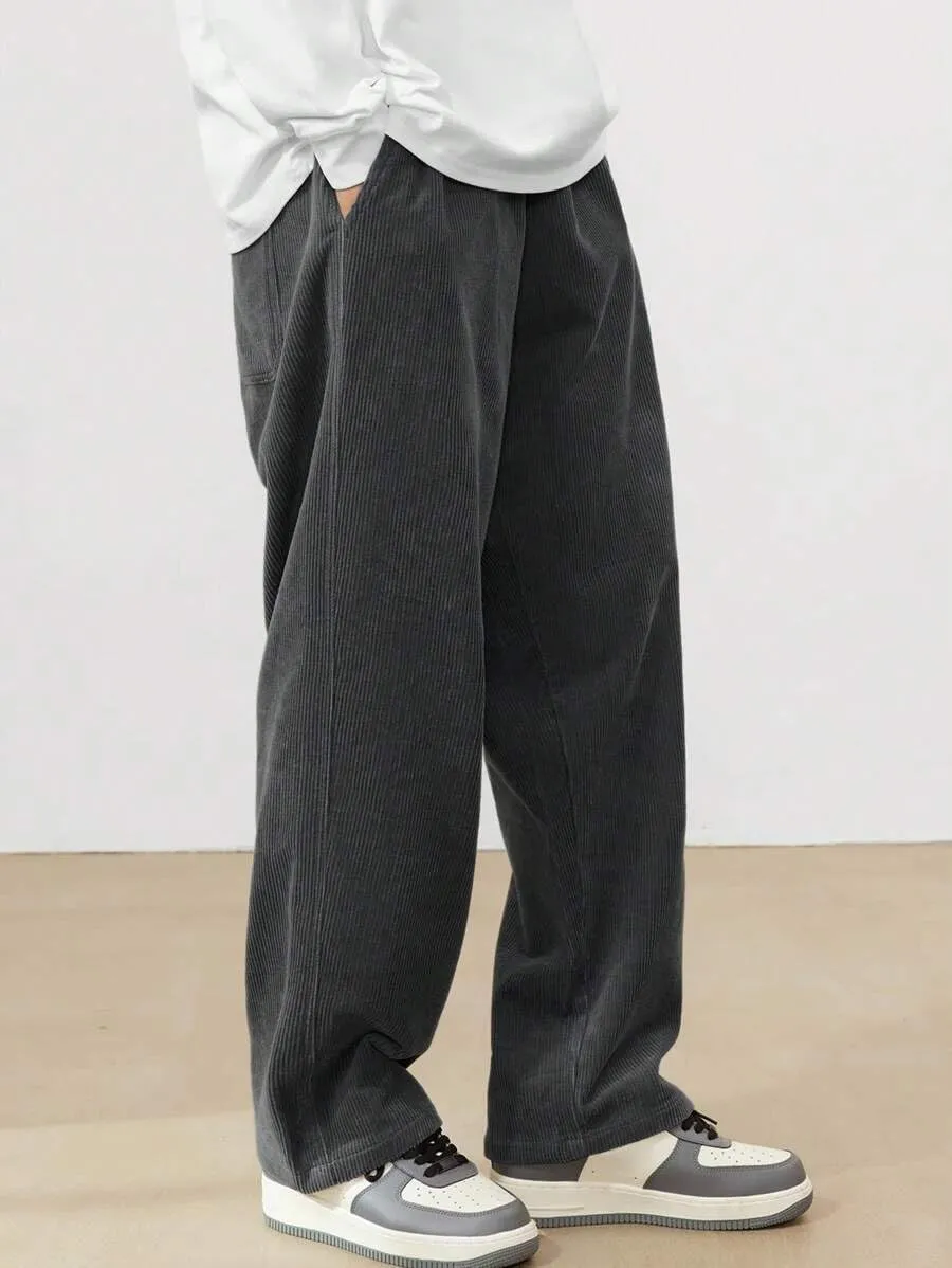 ZAFUL Mens Corduroy Straight Leg Pants Long Solid Elastic Waist Casual Pants Loose Fit Going Out Pants with Pockets