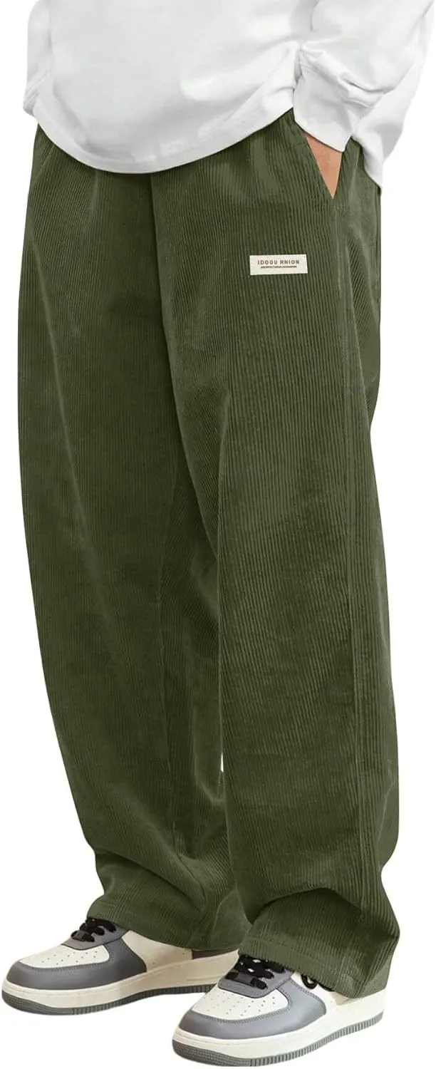 ZAFUL Mens Corduroy Straight Leg Pants Long Solid Elastic Waist Casual Pants Loose Fit Going Out Pants with Pockets