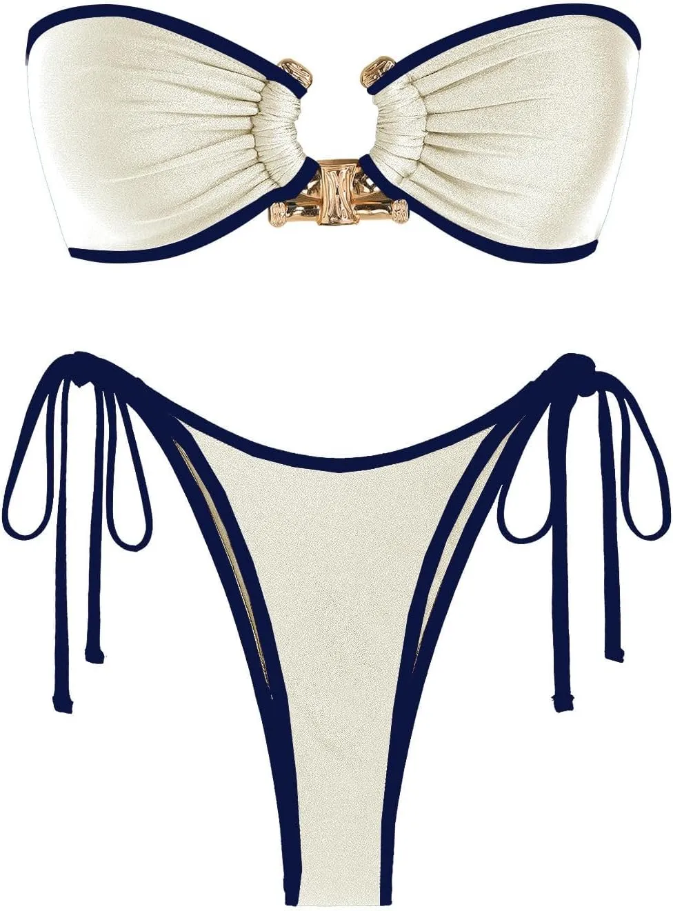 ZAFUL Metal Ring Bandeau Bikini Set Tie Side Bathing Suit High Cut 2 Piece Swimsuit Cutout Swimwear