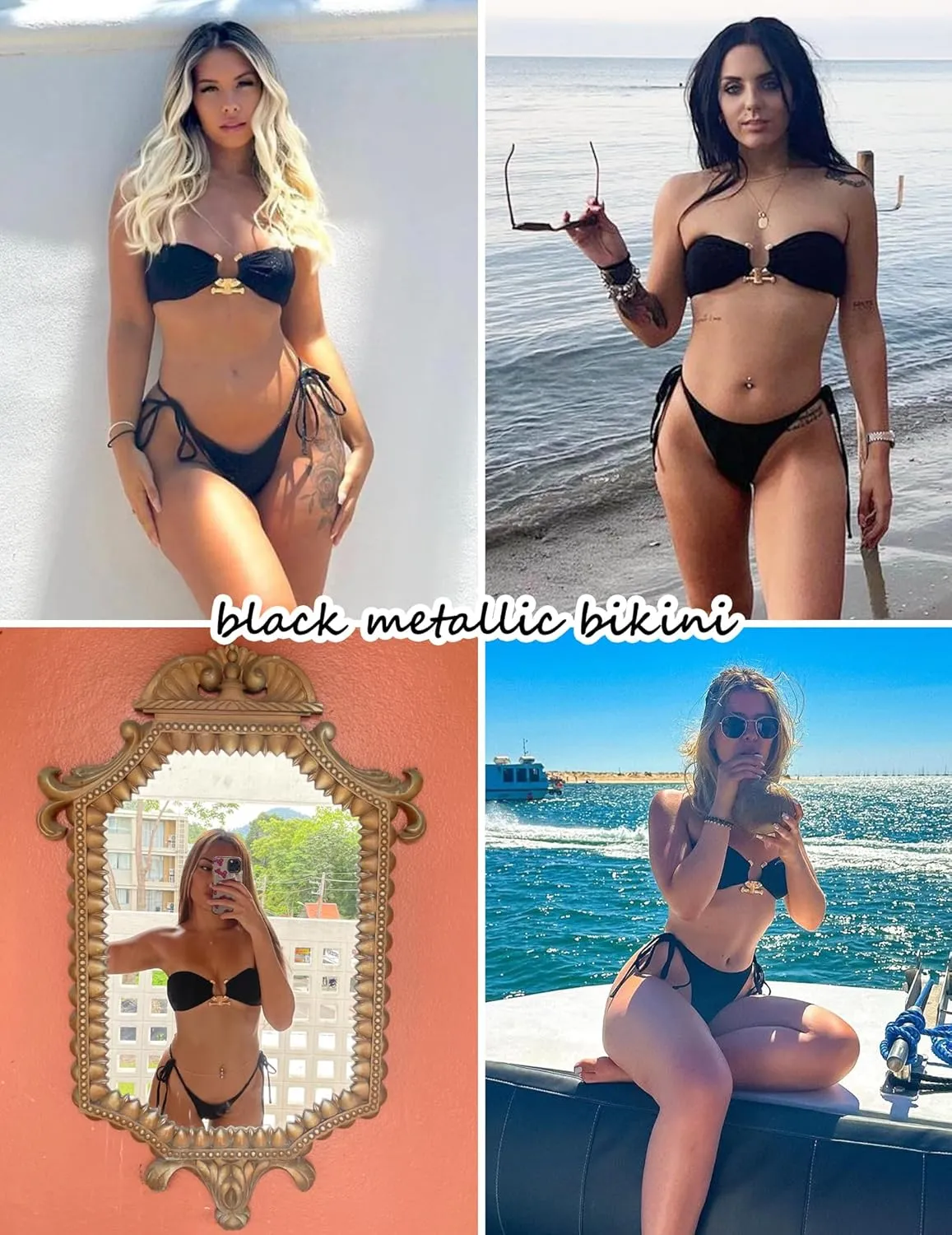 ZAFUL Metal Ring Bandeau Bikini Set Tie Side Bathing Suit High Cut 2 Piece Swimsuit Cutout Swimwear