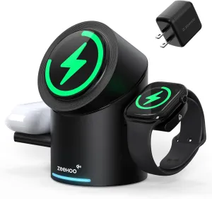ZEEHOO 3 in 1 Charging Station for Apple Devices, Mag-Safe Charger Stand, Qi2 15W Auto-Rotating Wireless Charging Station for iPhone 16/15/14/13/12 Series& AirPods& iWatch(30W Charger Included)
