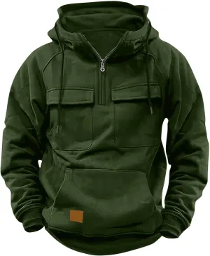 Zip Up Hoodie for Men Long Sleeve Cargo Hooded Sweatshirts Drawstring Quarter Zip Workout Gym Athletic Pullover Shirt