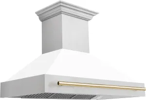 ZLINE Autograph Edition 48 in. Satin Stainless Steel Wall Mount Range Hood with White Matte Shell and Polished Gold Handle (8654SNZ-WM48-G)