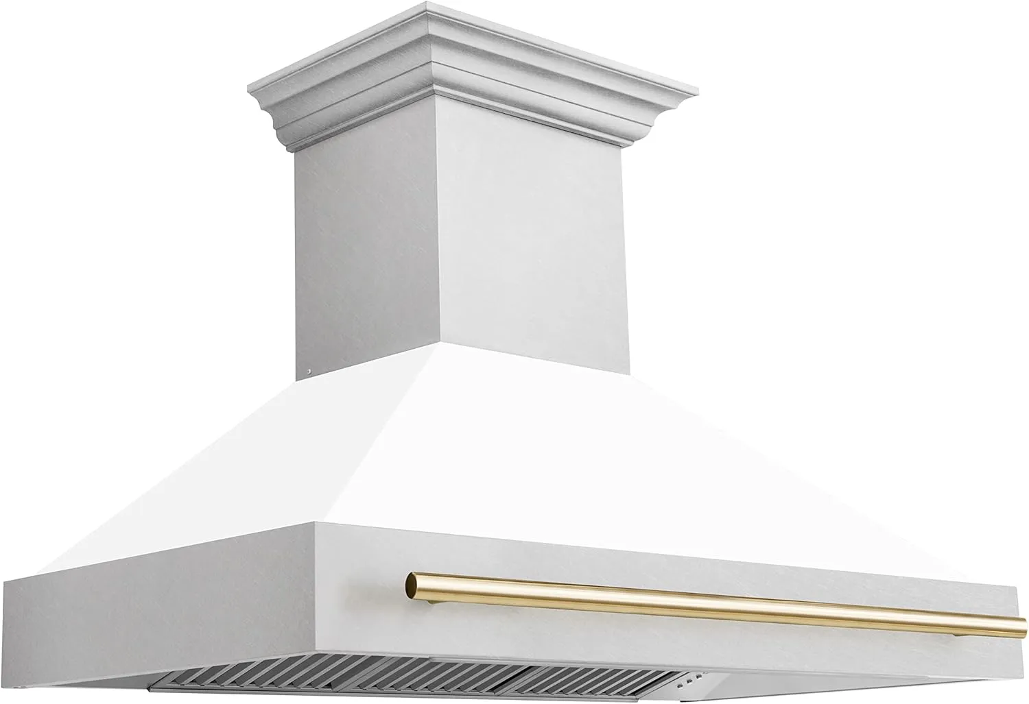 ZLINE Autograph Edition 48 in. Satin Stainless Steel Wall Mount Range Hood with White Matte Shell and Polished Gold Handle (8654SNZ-WM48-G)